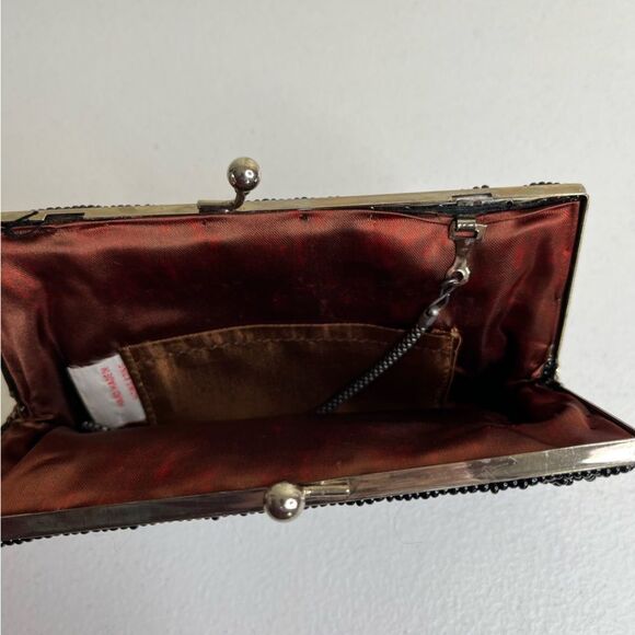 Vintage Beaded Kiss Lock Black Gold Clutch Handbag Purse Handmade Hong Kong - Picture 4 of 8